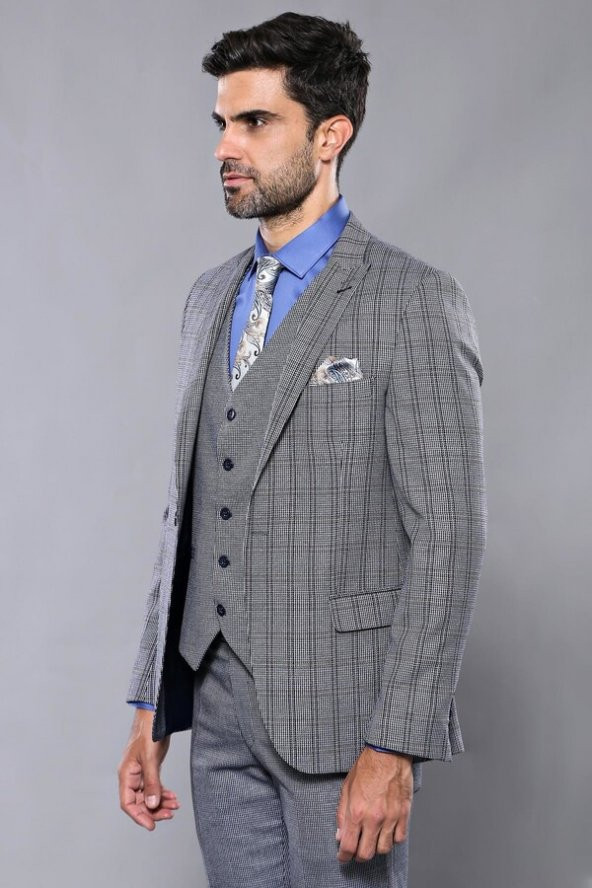 Ekose Lacivert Desen Slim Fit Yelekli Takım Elbise  Wessi - 8