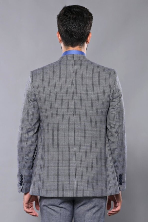 Ekose Lacivert Desen Slim Fit Yelekli Takım Elbise  Wessi - 9
