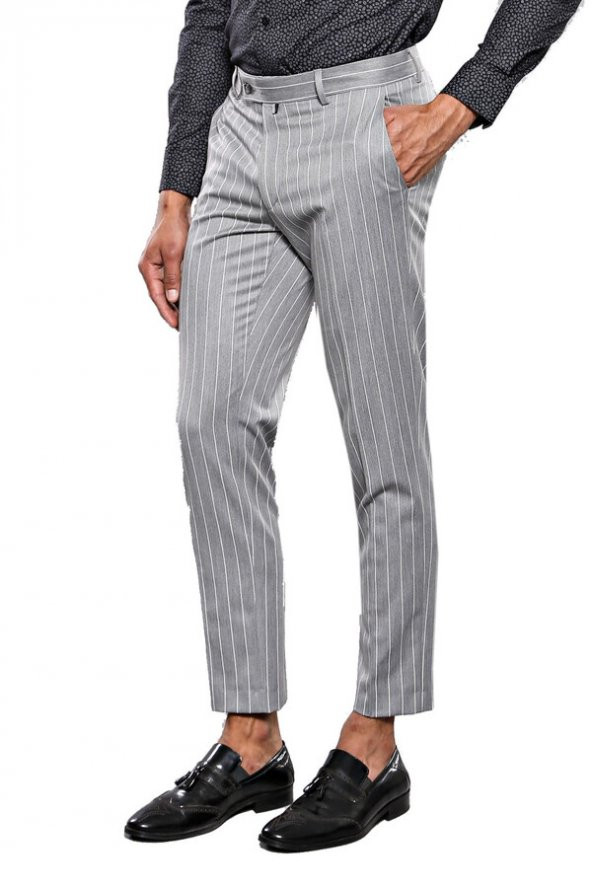 Çizgi Desen Gri Erkek Kumaş Pantolon - 5