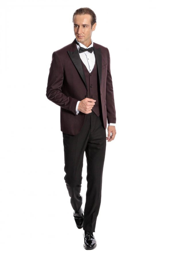 Desenli Yelekli Erkek Bordo Damatlık - 5