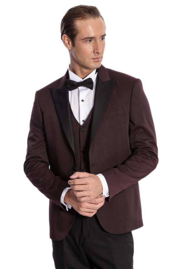 Desenli Yelekli Erkek Bordo Damatlık - 6