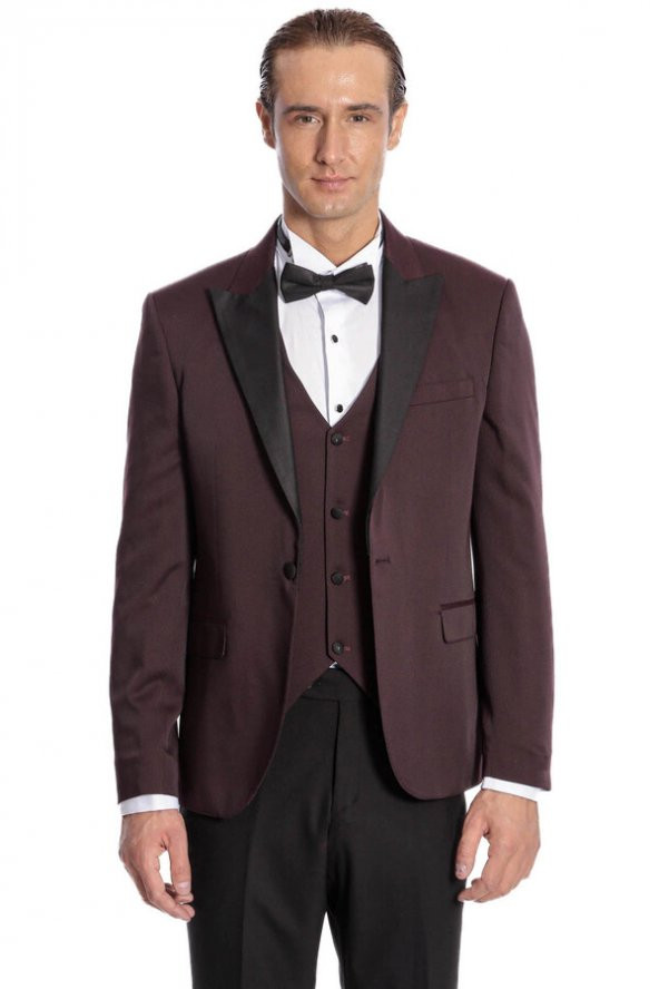 Desenli Yelekli Erkek Bordo Damatlık - 8
