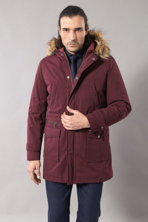 Yaka Kürklü Kapüşonlu Bordo Erkek Mont - 4