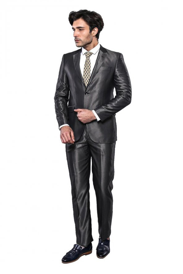 Parlak Füme Slim Fit Takım Elbise  Wessi