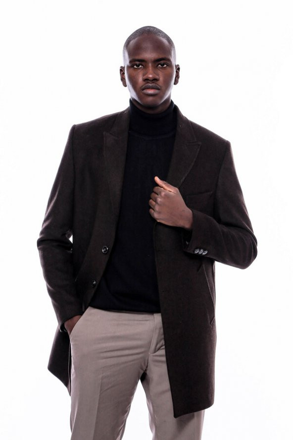 Geniş Yaka Diz Üstü Kahverengi Erkek Palto - 2