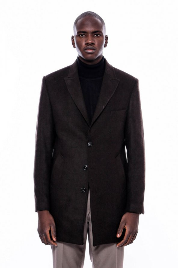 Geniş Yaka Diz Üstü Kahverengi Erkek Palto - 6