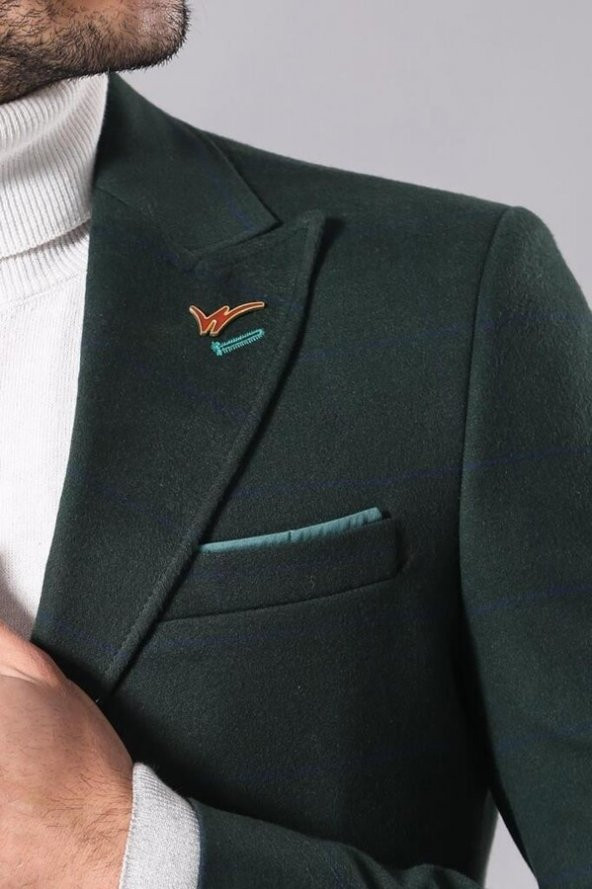 Geniş Sivri Yaka Ekose Yeşil Erkek Kısa Palto - 3