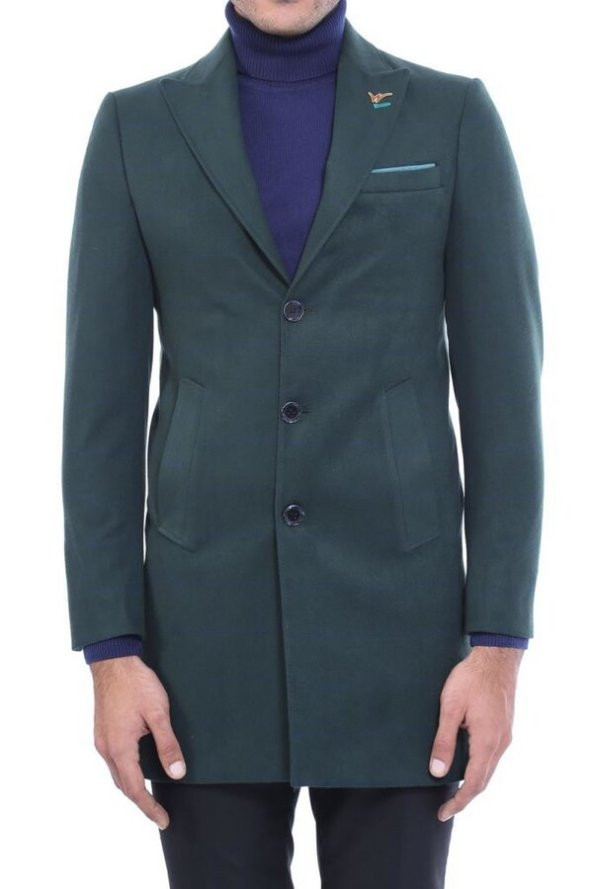 Geniş Sivri Yaka Ekose Yeşil Erkek Kısa Palto - 5