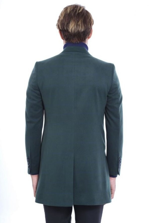 Geniş Sivri Yaka Ekose Yeşil Erkek Kısa Palto - 7