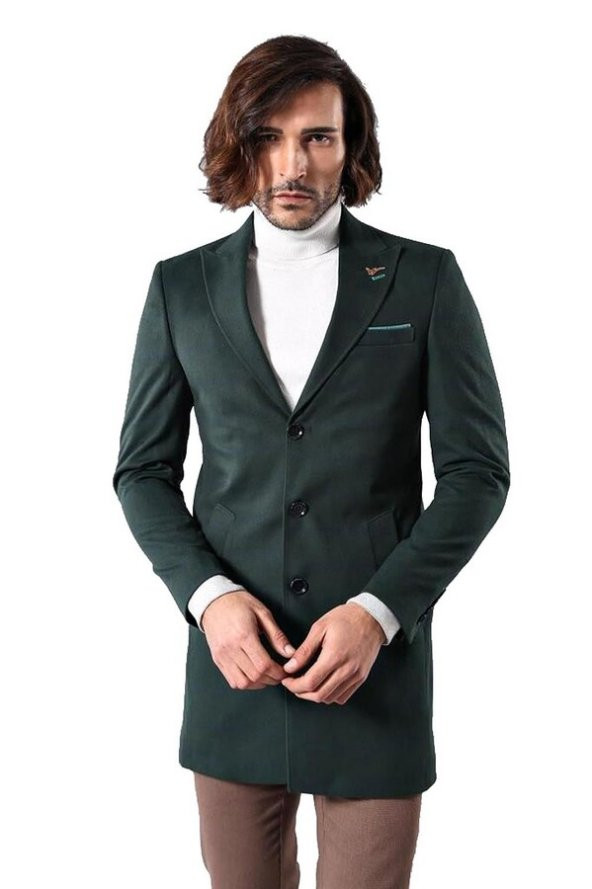 Geniş Sivri Yaka Ekose Yeşil Erkek Kısa Palto - 8