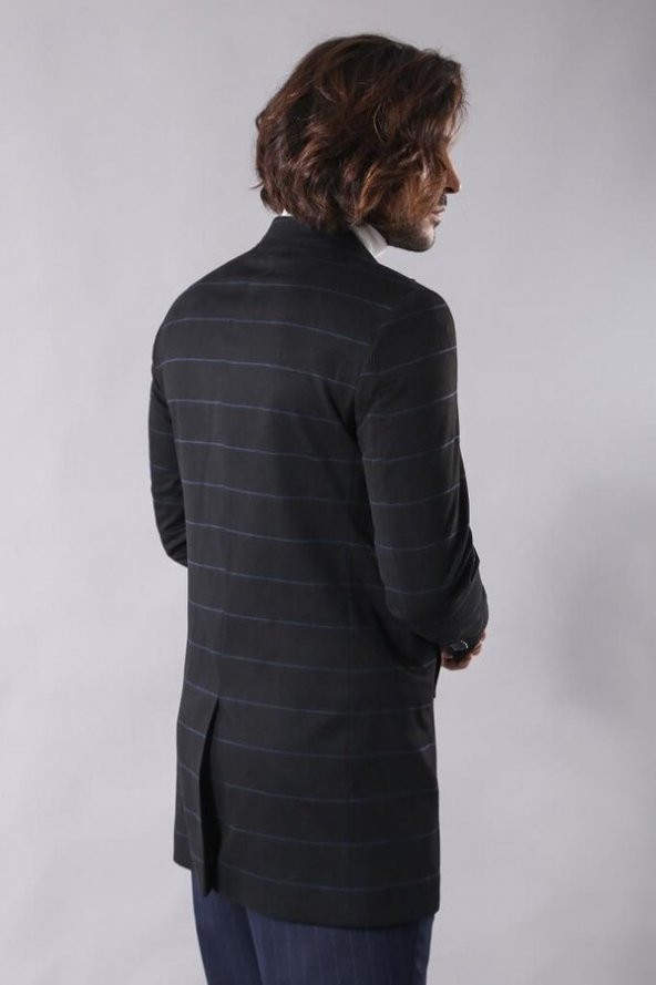 Geniş Sivri Yaka Ekose Siyah Erkek Kısa Palto - 4