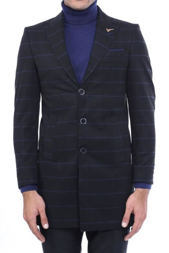 Geniş Sivri Yaka Ekose Siyah Erkek Kısa Palto - 5