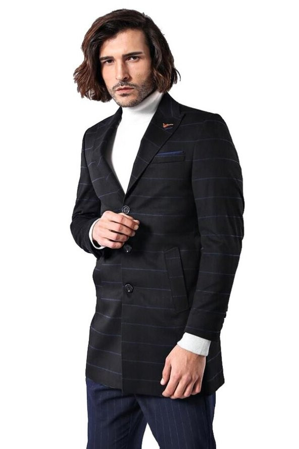 Geniş Sivri Yaka Ekose Siyah Erkek Kısa Palto - 6