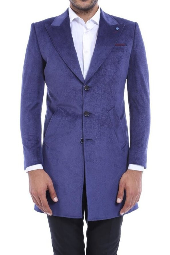 Sivri Yaka Diz Üstü Mavi Erkek Palto - 5