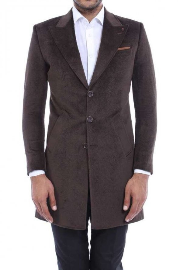 Sivri Yaka Diz Üstü Kahverengi Erkek Palto - 6