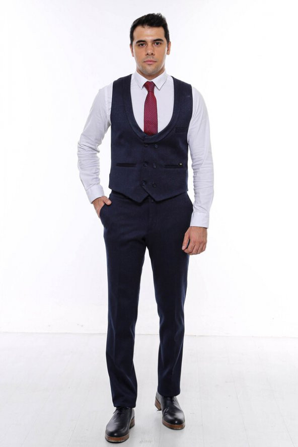 Desenli Kruvaze Koyu Lacivert Erkek Yelek Pantolon Set - 2