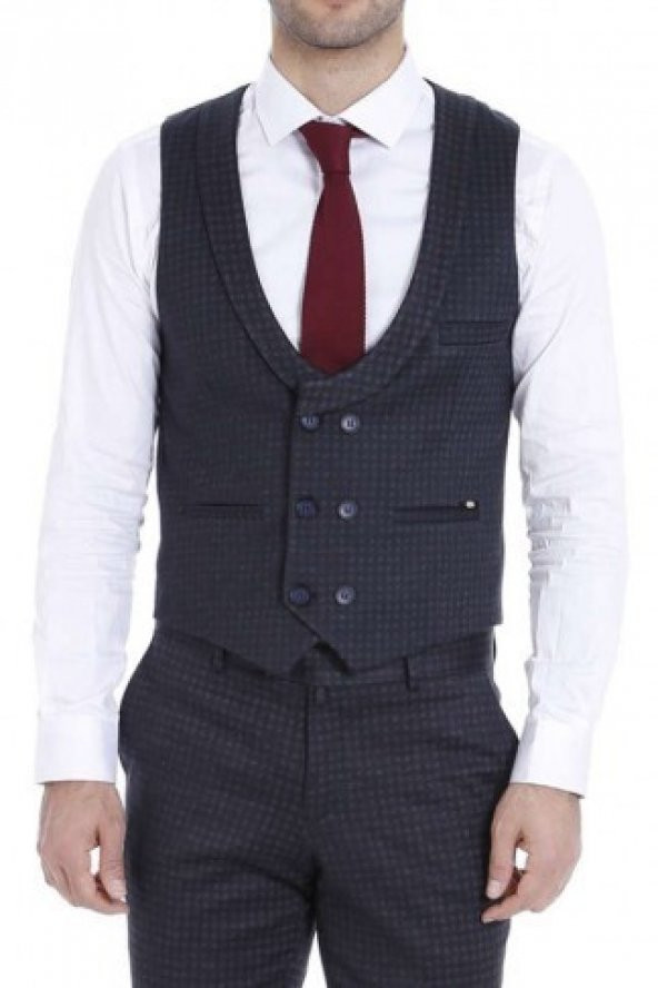 Desenli Kruvaze Lacivert Erkek Pantolon Yelek Set - 3