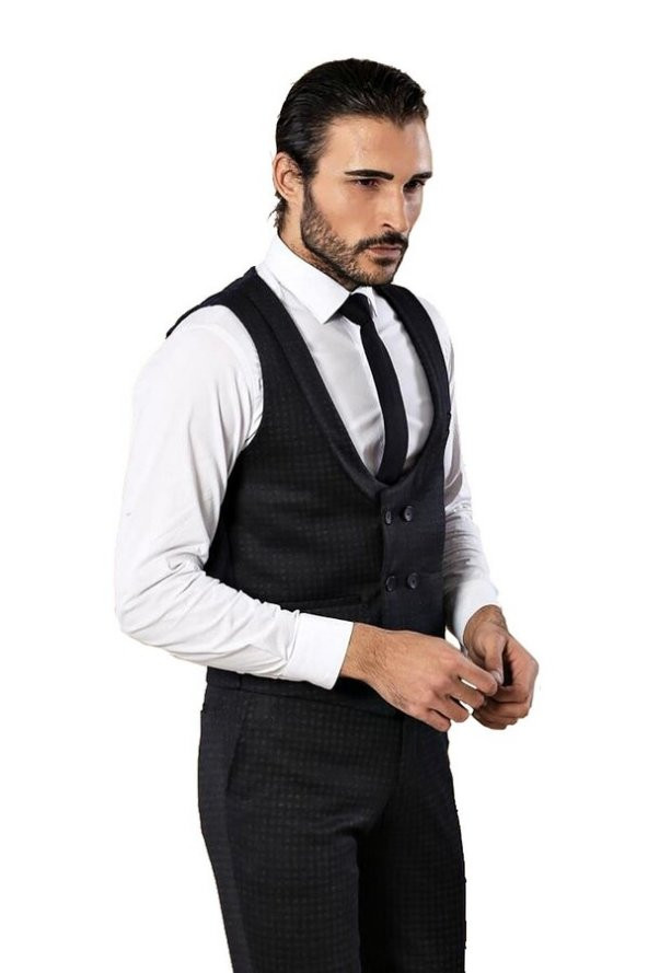 Desenli Kruvaze Lacivert Erkek Pantolon Yelek Set - 4