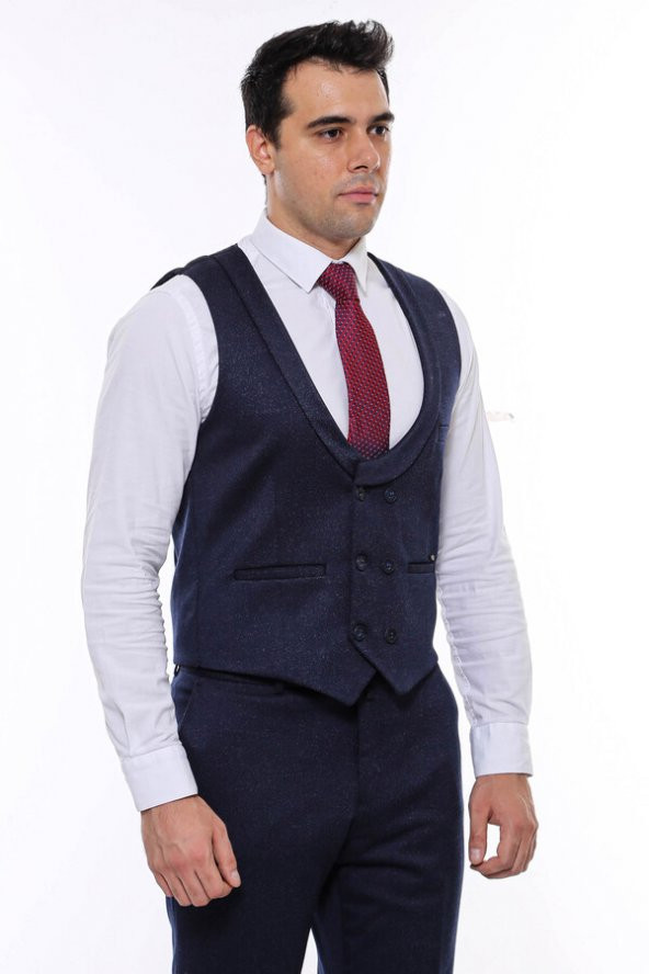 Desenli Kruvaze Koyu Lacivert Erkek Yelek Pantolon Set - 5