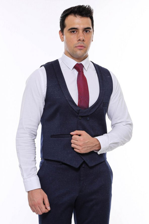 Desenli Kruvaze Koyu Lacivert Erkek Yelek Pantolon Set - 6