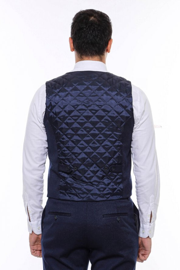 Desenli Kruvaze Koyu Lacivert Erkek Yelek Pantolon Set - 7