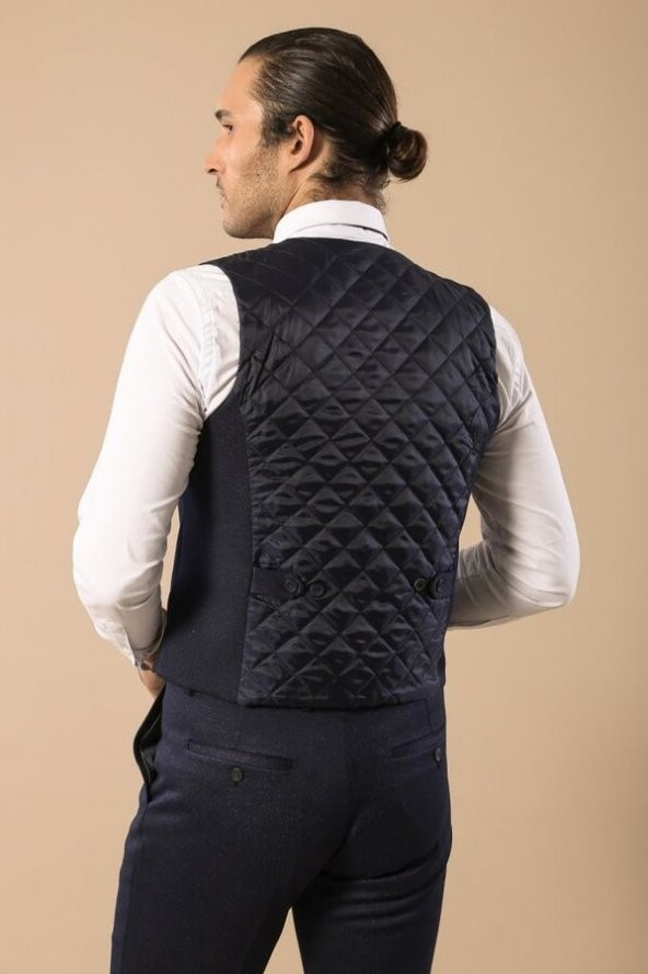 Desenli Kruvaze Koyu Lacivert Erkek Yelek Pantolon Set - 10