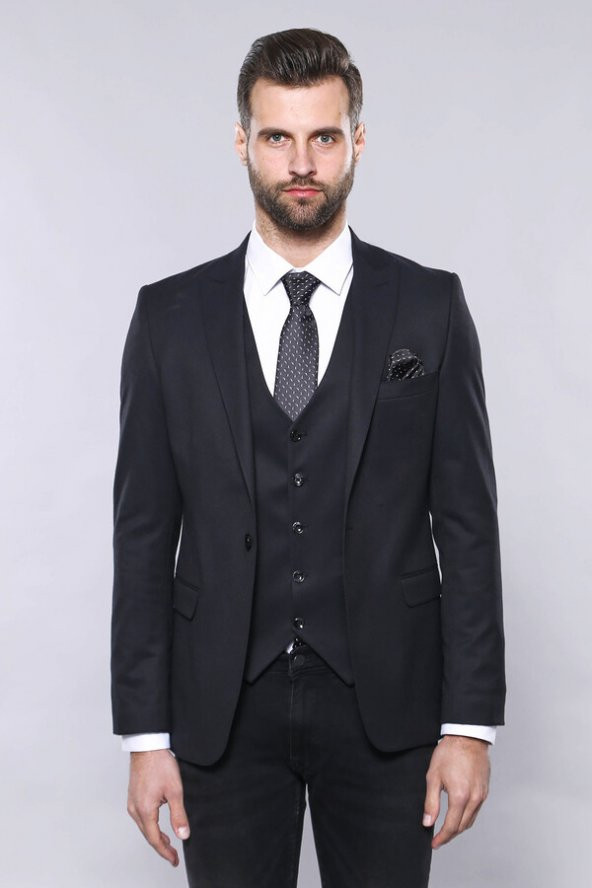 Düz Koyu Lacivert Slim Fit Ceket Yelek Set  Wessi - 5