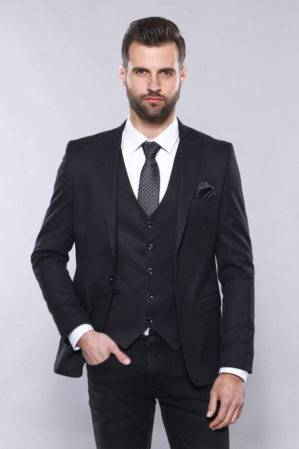 Düz Koyu Lacivert Slim Fit Ceket Yelek Set  Wessi