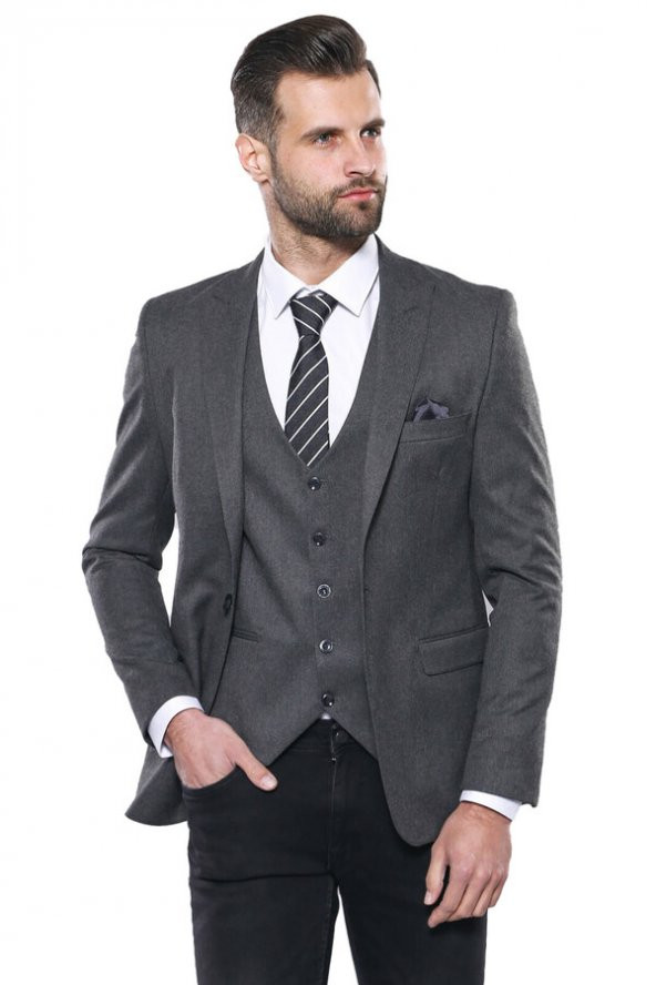 Düz Gri Slim Fit Yelek Ceket Set Wessi