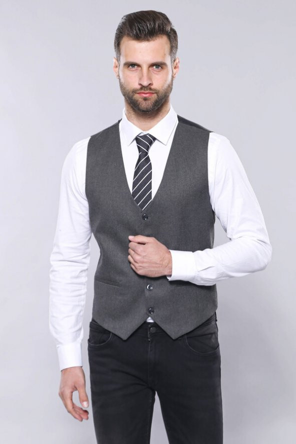 Düz Gri Slim Fit Yelek Ceket Set Wessi - 2