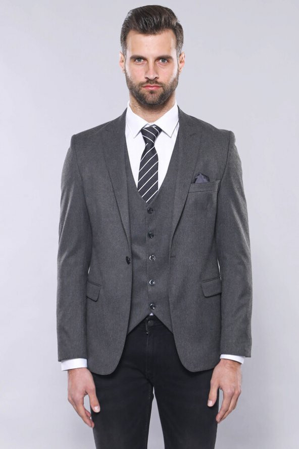 Düz Gri Slim Fit Yelek Ceket Set  Wessi - 3