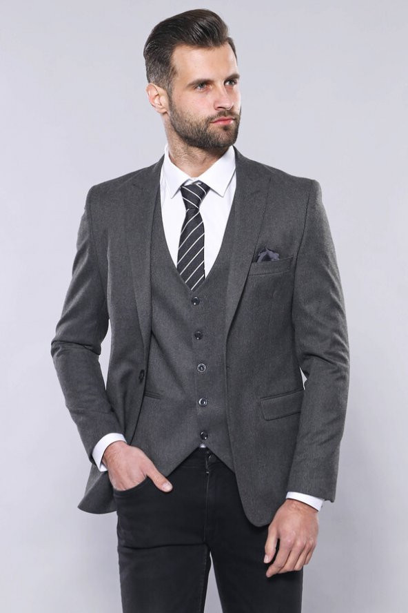 Düz Gri Slim Fit Yelek Ceket Set Wessi - 6