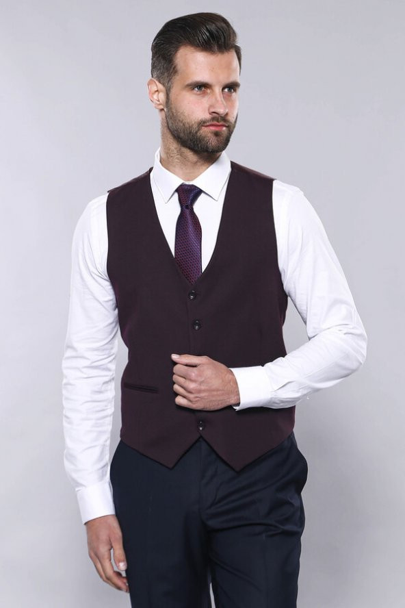 Düz Bordo Slim Fit Yelek Ceket Set  Wessi - 5