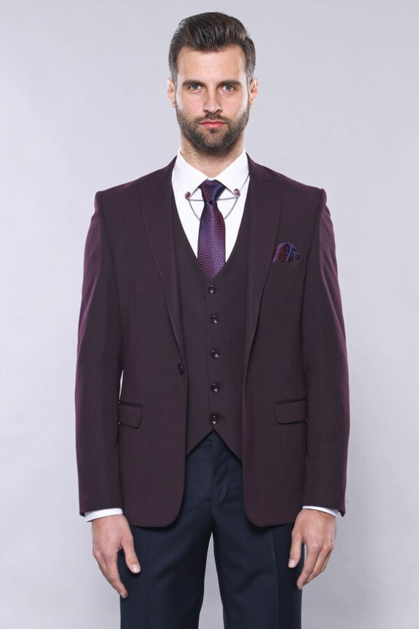 Düz Bordo Slim Fit Yelek Ceket Set Wessi - 6
