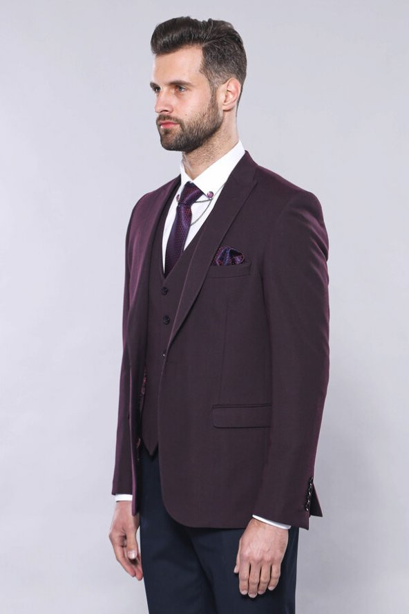 Düz Bordo Slim Fit Yelek Ceket Set  Wessi - 7