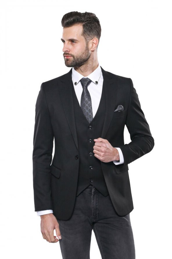 Düz Siyah Slim Fit Yelek Ceket Set  Wessi