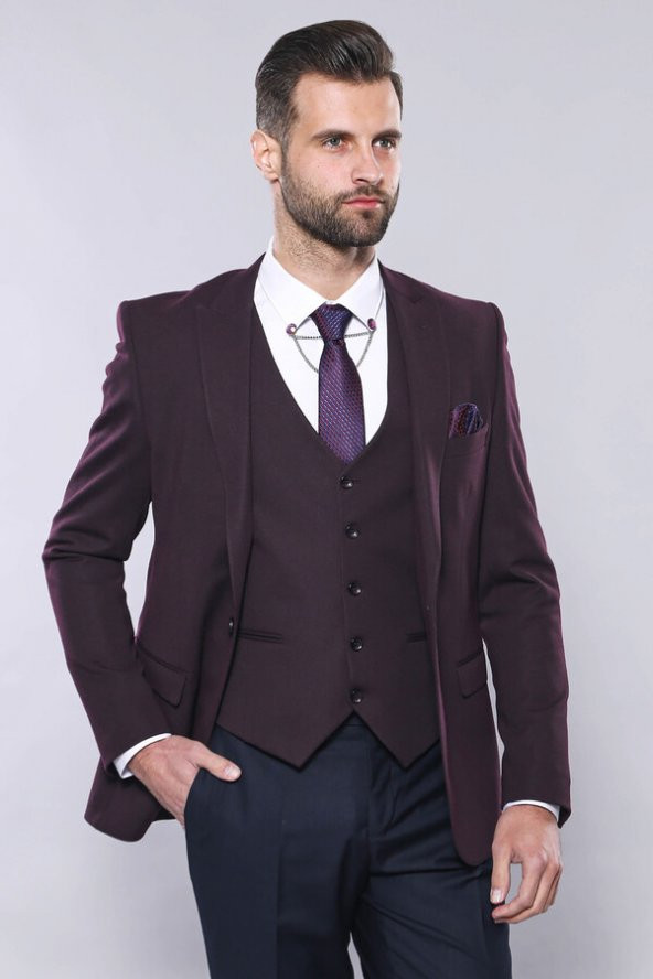 Düz Bordo Slim Fit Yelek Ceket Set Wessi