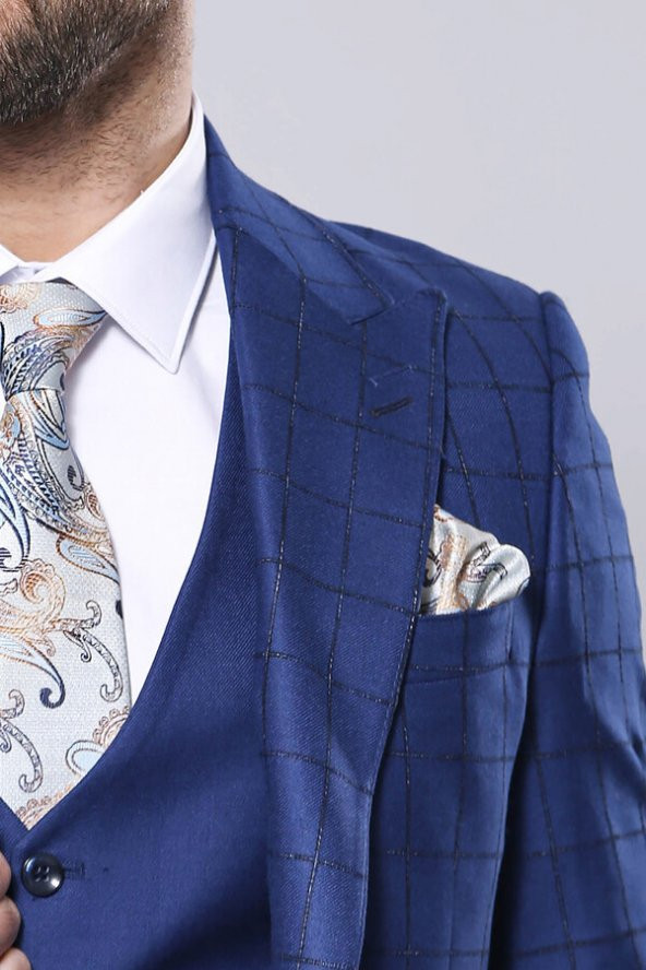 Ekose Ceket Mavi Yelekli Takım Elbise Wessi