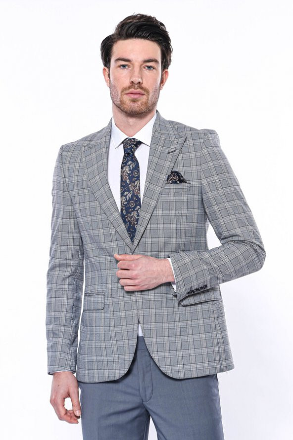 Ekose Desenli Slim Fit Gri Erkek Ceket