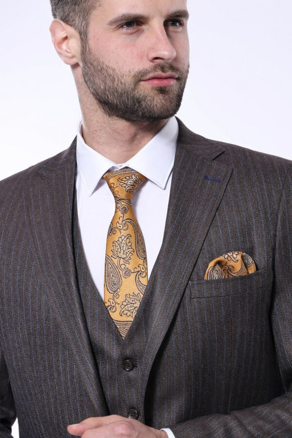 Çizgili Slim Fit Kahverengi Yelekli Takım Elbise  Wessi