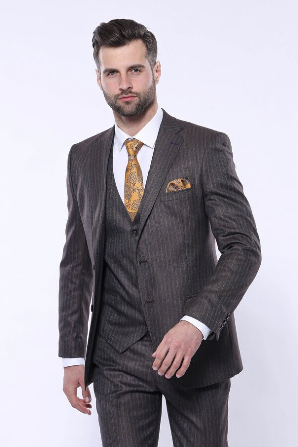 Çizgili Slim Fit Kahverengi Yelekli Takım Elbise  Wessi - 3