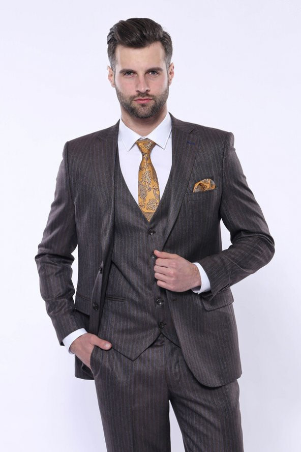 Çizgili Slim Fit Kahverengi Yelekli Takım Elbise  Wessi - 4
