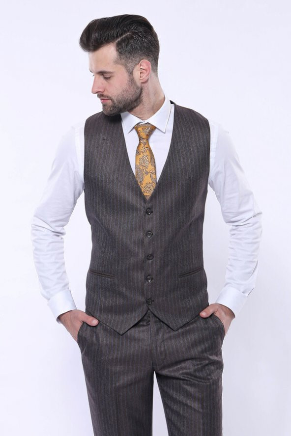 Çizgili Slim Fit Kahverengi Yelekli Takım Elbise  Wessi - 5