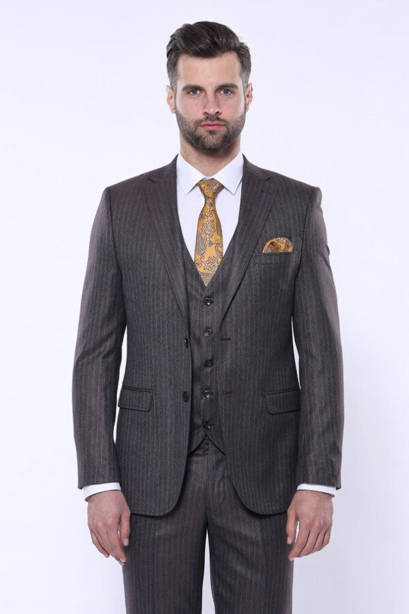 Çizgili Slim Fit Kahverengi Yelekli Takım Elbise  Wessi - 7