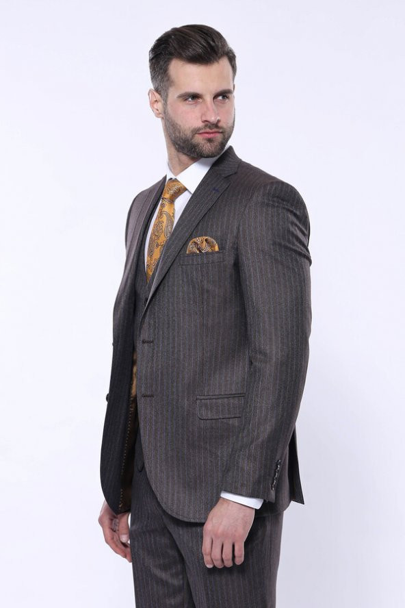 Çizgili Slim Fit Kahverengi Yelekli Takım Elbise  Wessi - 8