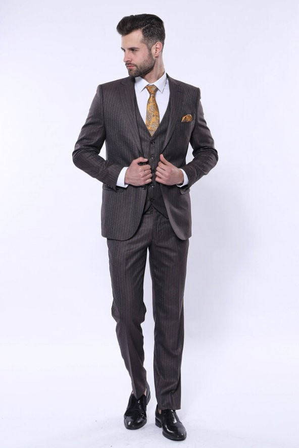 Çizgili Slim Fit Kahverengi Yelekli Takım Elbise  Wessi - 10