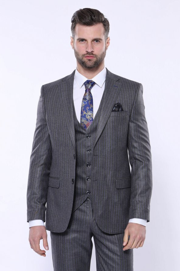 Çizgili Slim Fit Gri Yelekli Takım Elbise  Wessi - 4