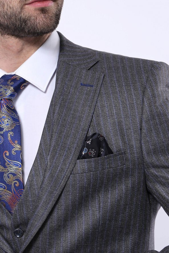 Çizgili Slim Fit Gri Yelekli Takım Elbise  Wessi - 5