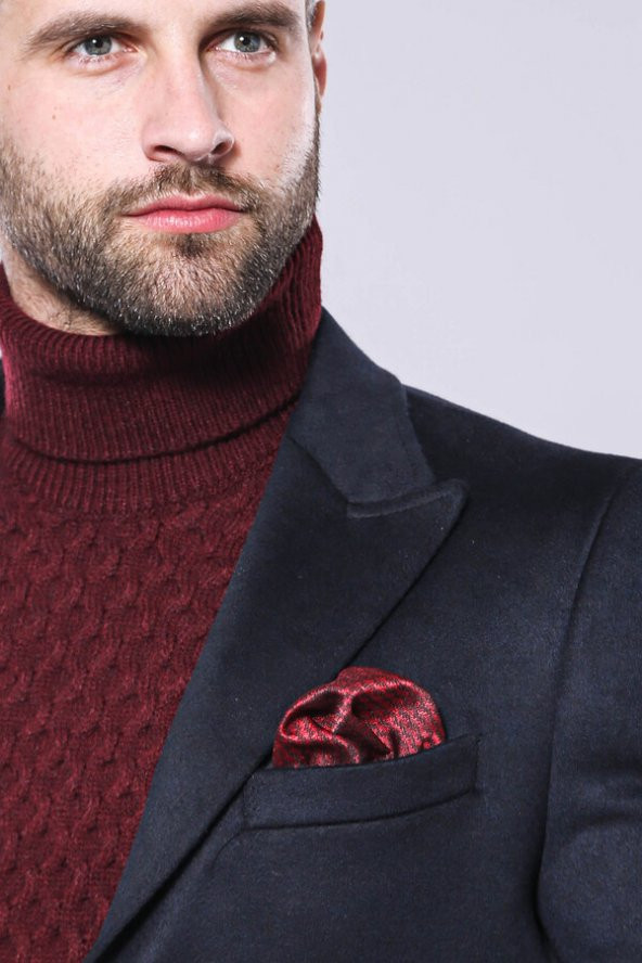 Erkek Lacivert Sivri Yaka Kaşe Kumaş Diz Üstü Kısa Palto - 2