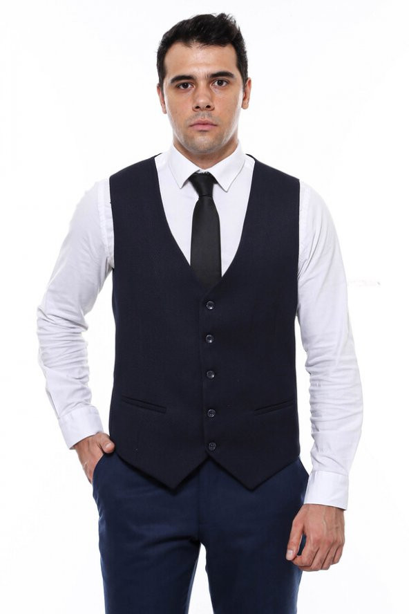 Lacivert Düz Slimfit Yelek - 7